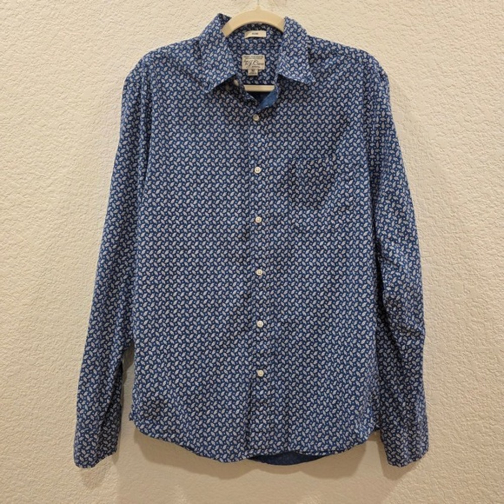 J.Crew Mens M Slim Secret Wash Stretch Shirt Blue‎ Leaf Print